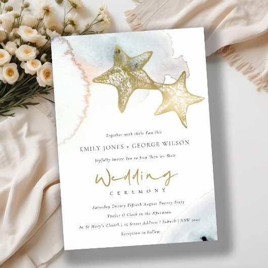 CARTE DE REMERCIEMENTS GOLD DUSKY BLUE BEACHING STARFISH MARIAGE INVITE