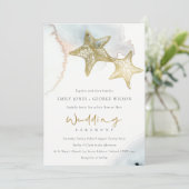 CARTE DE REMERCIEMENTS GOLD DUSKY BLUE BEACHING STARFISH MARIAGE INVITE (Debout devant)