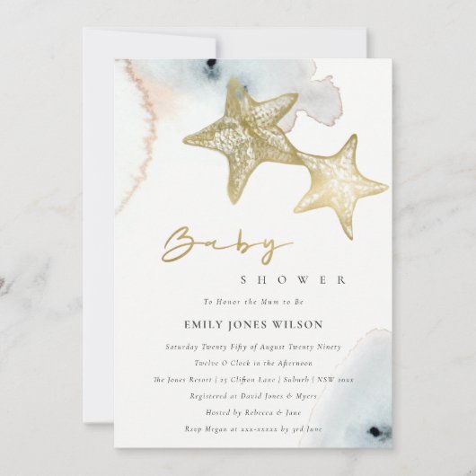 CARTE DE REMERCIEMENTS GOLD DUSKY BLUE BEACHY STARFISH BABY SHOWER INVITA (Devant)