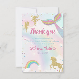 Carte De Remerciements Gold Dust Magique Unicorn Fairy Mermaid Anniversai