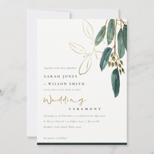CARTE DE REMERCIEMENTS GOLD FOIL VERT EUCALYPTUS FOLIAGE INVITER (Devant)