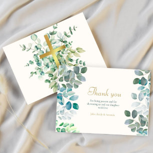 Carte De Remerciements Gold Green Floral Rustic Baptême