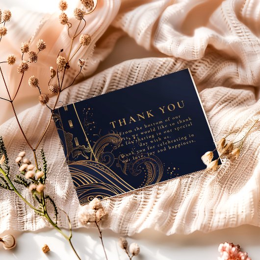 Carte De Remerciements Gold Lighthouse Night Wedding