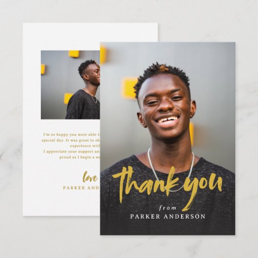 Carte De Remerciements Gold Modern Brush Script Simple Photo Graduation  (Devant / Derrière)