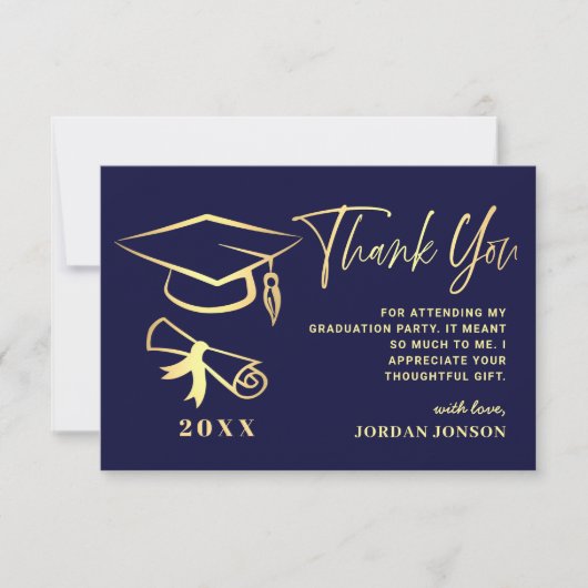 Carte De Remerciements Gold Navy Blue Modern Graduation Party (Devant)