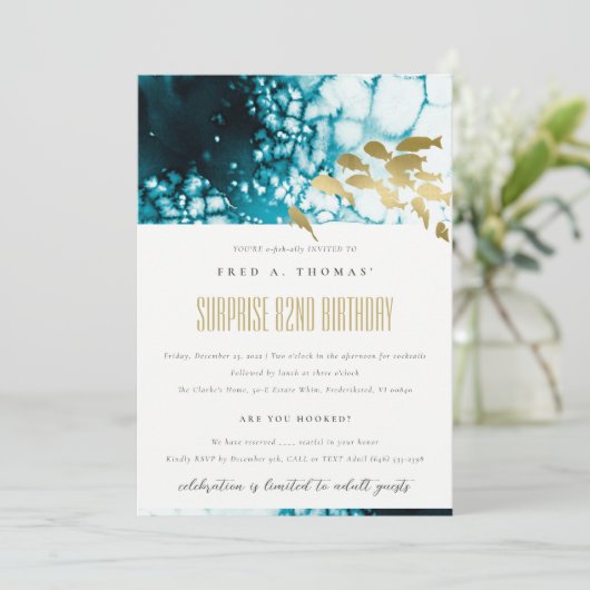 Carte De Remerciements Gold Navy Poissons sous-marins N'importe quel âge (Debout devant)