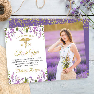 Carte De Remerciements Gold Purple Floral RN Nursing Graduation Photo
