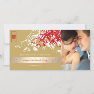 Carte De Remerciements Gold & Red Zen Bamboo Feuille Mariage chinois Phot