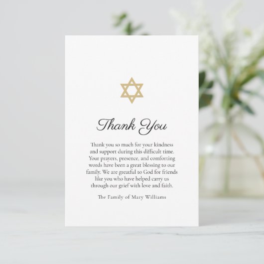 Carte De Remerciements Gold Star de David Funeral Religieux (Debout devant)