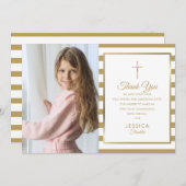 Carte De Remerciements Gold Stripe First Holy Communion Photo (Devant / Derrière)