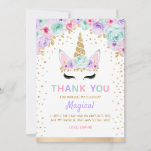 Carte De Remerciements Gold Turquoise rose violet Unicorn 1er anniversair