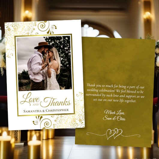 Carte De Remerciements Gold & White Love & Thanks Photo & Note Mariage