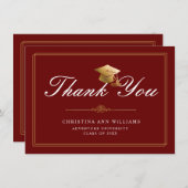 Carte De Remerciements Gold  WhiteScript Grad Cap Red Graduation (Devant / Derrière)
