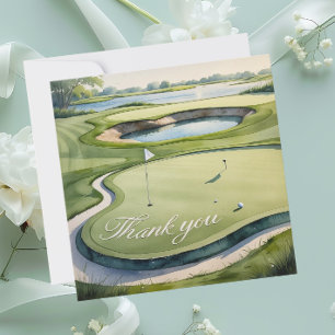 Carte De Remerciements Golf avec texte sur parcours de golf style aquarel