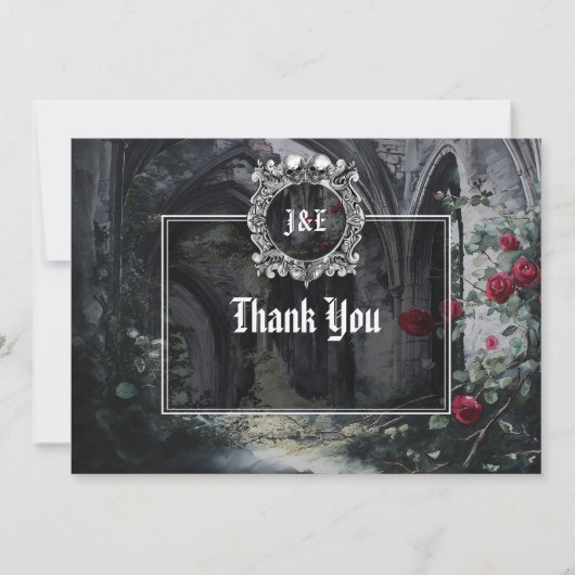 Carte De Remerciements Gothic Ruins Roses Floral Monogram Wedding (Devant)