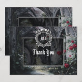 Carte De Remerciements Gothic Ruins Roses Floral Monogram Wedding (Devant / Derrière)