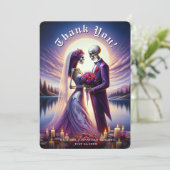 Carte De Remerciements Gothic Skeleton Couple Red Roses Wedding (Debout devant)