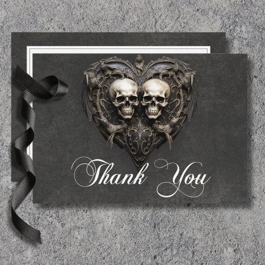 Carte De Remerciements Gothique Noir & Blanc Skuls & Mariage Coeur