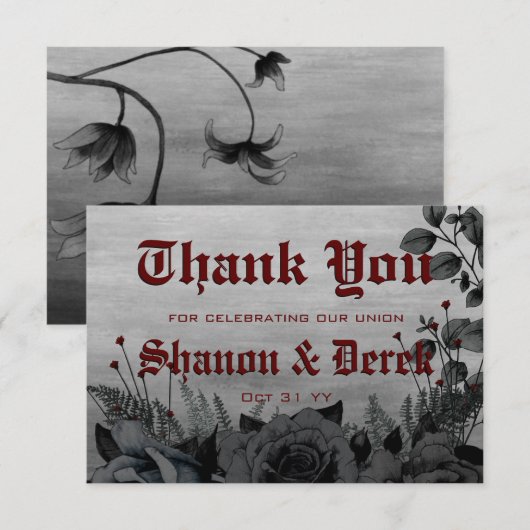Carte De Remerciements Gothique rouge profond Mariage Rose noir (Devant / Derrière)
