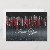 Carte De Remerciements Gouttes scintillantes argentées noir et rouge chic (Devant)