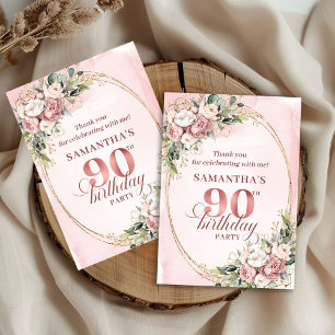 Carte De Remerciements Graceful Dusty Pink Gold Floral 90e Anniversaire