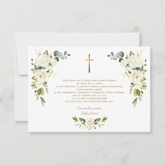 Carte De Remerciements Gracias florales blanches Con Oración Bautizo (Devant)