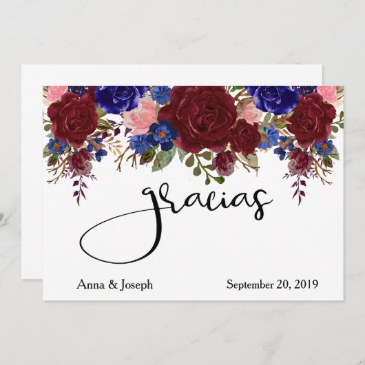 Carte De Remerciements Gracias Mariage Floral Marine espagnole Bourgogne (Devant / Derrière)