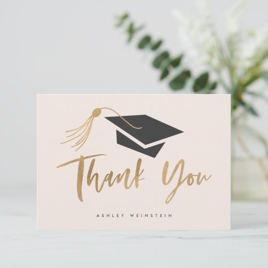 Carte De Remerciements Graduation Cap and Tassel Gold Foil Blush Pink (Debout devant)