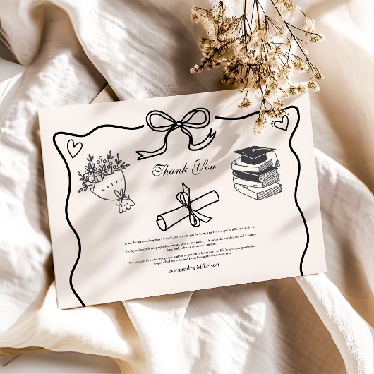 Carte De Remerciements Graduation en noir et blanc illustrée
