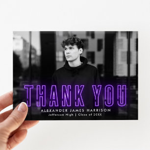 Carte De Remerciements Graduation photo moderne violet néon