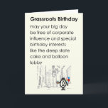 Carte De Remerciements Grassroots Birthday A Funny Happy Birthday Poem<br><div class="desc">Une drôle de carte d'anniversaire, avec un mauvais poème et une illustration, pour garder votre anniversaire sans influence d'entreprise et des intérêts spéciaux (sans parler du profond gâteau d'état et du lobby de ballons). Notre personnage, tillie, est un agent "d'état profond" tenant un gâteau et des ballons et se cachant...</div>