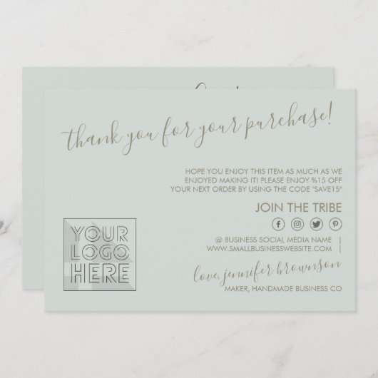 Carte De Remerciements Green Custom logo QR code Candle Care Instruction (Devant / Derrière)