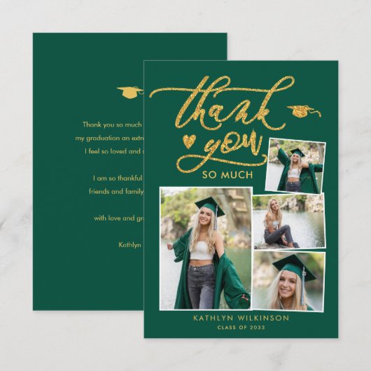 Carte De Remerciements Green Elegant Gold Script Photo Collage Graduation (Devant / Derrière)