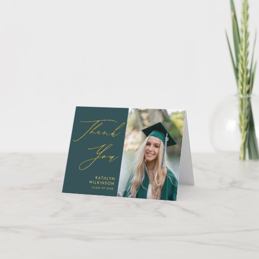 Carte De Remerciements Green Elegant Gold Script Simple Photo Graduation (Devant)