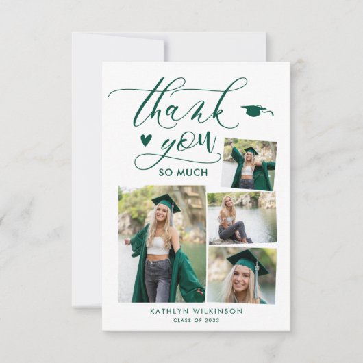 Carte De Remerciements Green Elegant Script 4 Photo Collage Graduation (Devant)