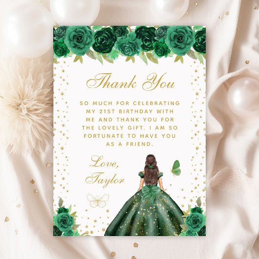 Carte De Remerciements Green Floral Brunette Hair Princess Anniversaire