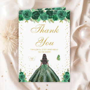 Carte De Remerciements Green Floral Dark Skin Girl Fête d'anniversaire