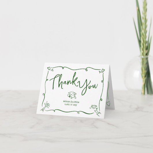 Carte De Remerciements Green Hand Drawn Doodle Style Graduation White Fun (Devant)