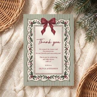 Carte De Remerciements Green Stripe Winter Christmas Theme Baby Shower