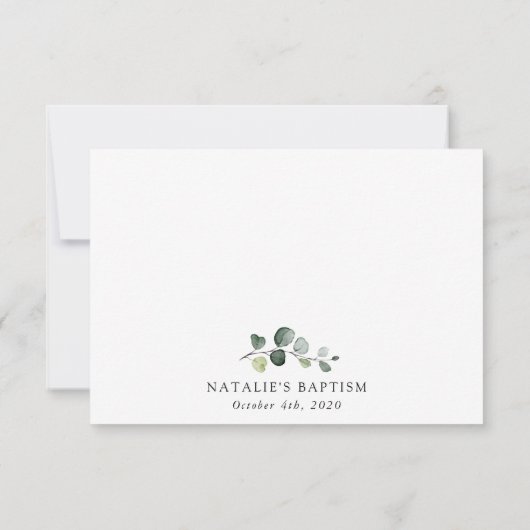 Carte De Remerciements Greenery, Eucalyptus Leaves, Boho, Baptism (Dos)