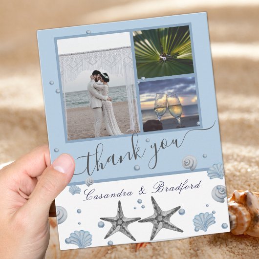 Carte De Remerciements Gris Starfish Blue Beach Wedding
