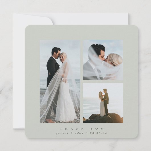 Carte De Remerciements Gris vert Élégant Carré Trois Photo Mariage plat (Devant)