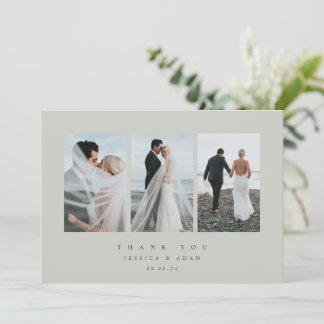 Carte De Remerciements Gris Vert Ultra Minimal Triple Mariage Photo Plat