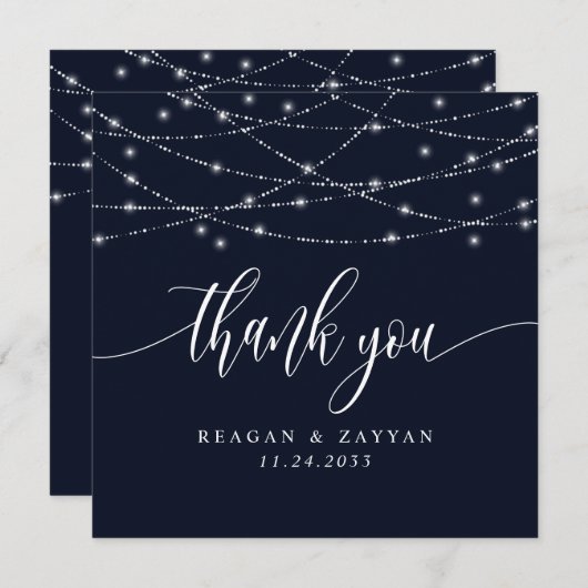 Carte De Remerciements Guirlandes Lumineuses Bleu Nuit Élégant Mariage (Devant / Derrière)