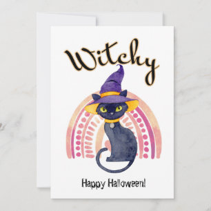 Carte De Remerciements Halloween Chat noir avec Chat sorcière Aquarelle