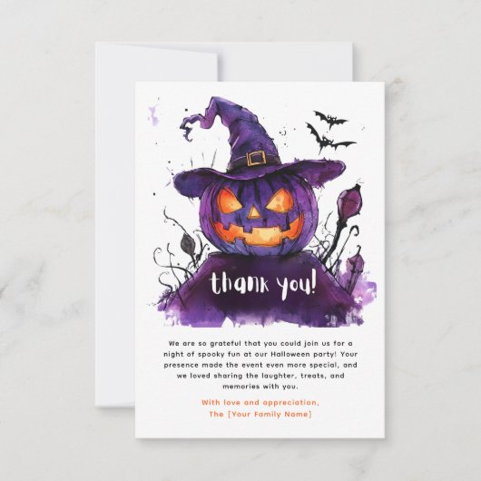 Carte De Remerciements Halloween éffrayante à l'aquarelle violet Jack-O-l (Devant)