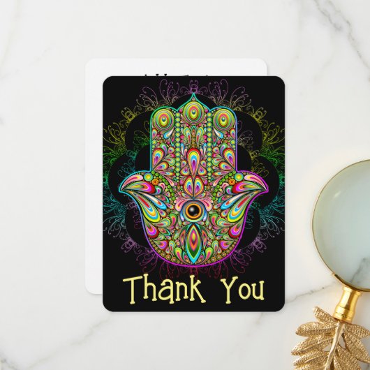 Carte De Remerciements Hamsa Fatma Main Psychedelic Art (Devant/Arrière en situation)