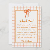 Carte De Remerciements Hand Drawn Orange Gingham Bow Neutral Baby Shower (Devant)