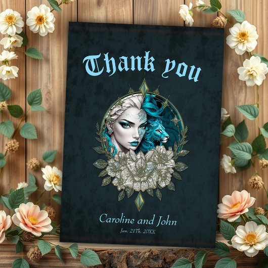 Carte De Remerciements Harmonie des éléments, la femme avec le lion.