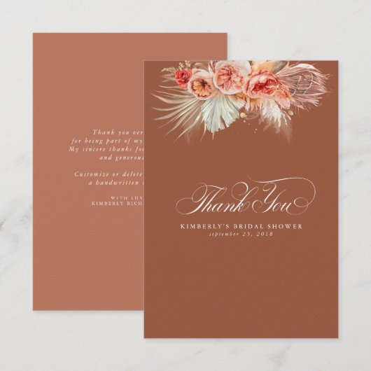 Carte De Remerciements Herbe de Pampa Élégante Fleurs de Terre Cuite Reme (Devant / Derrière)